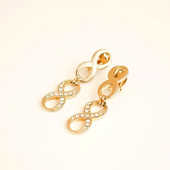 Double Figure 8 Gold Earrings Clip On Drop Earrings with Rhinestones - Picture 2 of 5